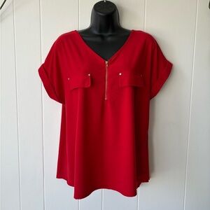 Red V-Neck Women's Top | Size Large